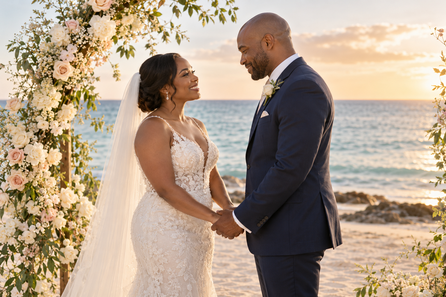 A Black bride and groom holding hands beneath ivory and blush flowers at a beach ceremony