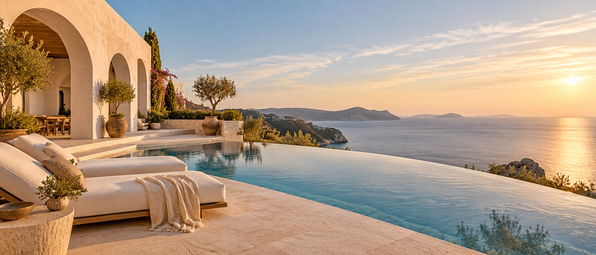 Ivory coastal villa terrace and infinity pool overlooking the sea at sunset