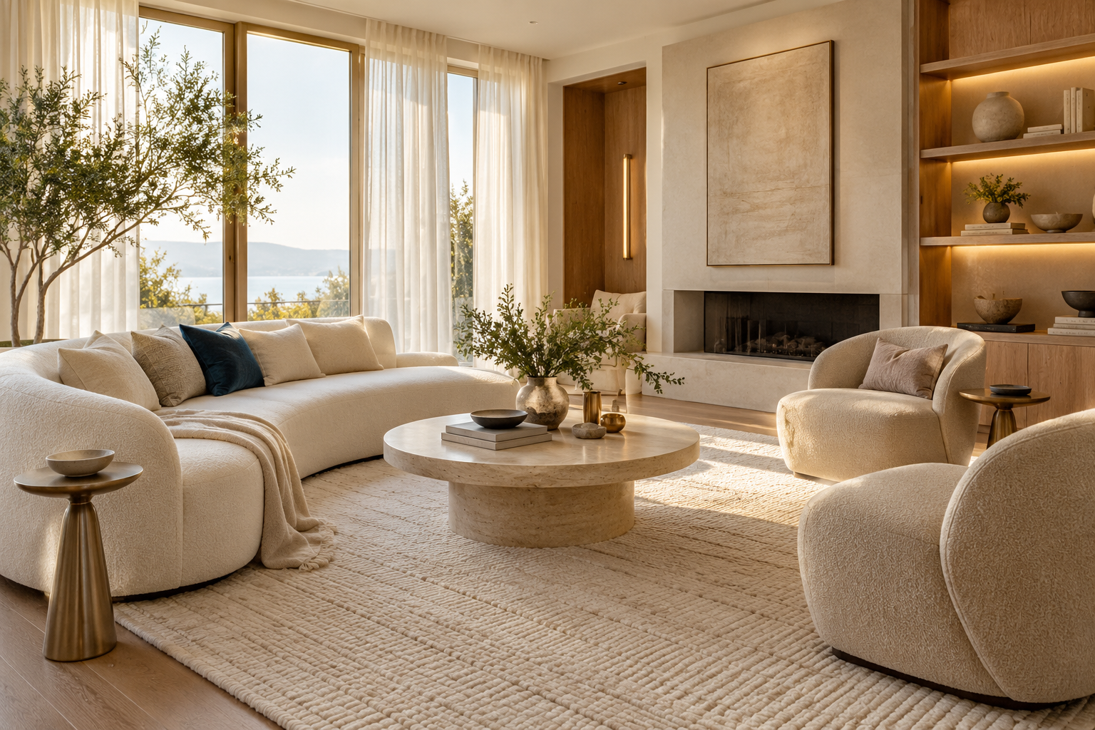 Ivory living room with custom shelving, sculptural seating and warm beige styling