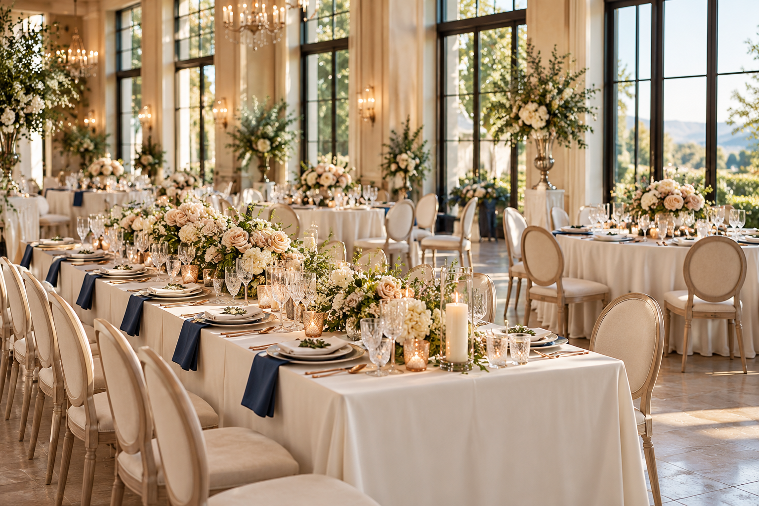 Elegant reception tables styled with ivory flowers, crystal and candlelight