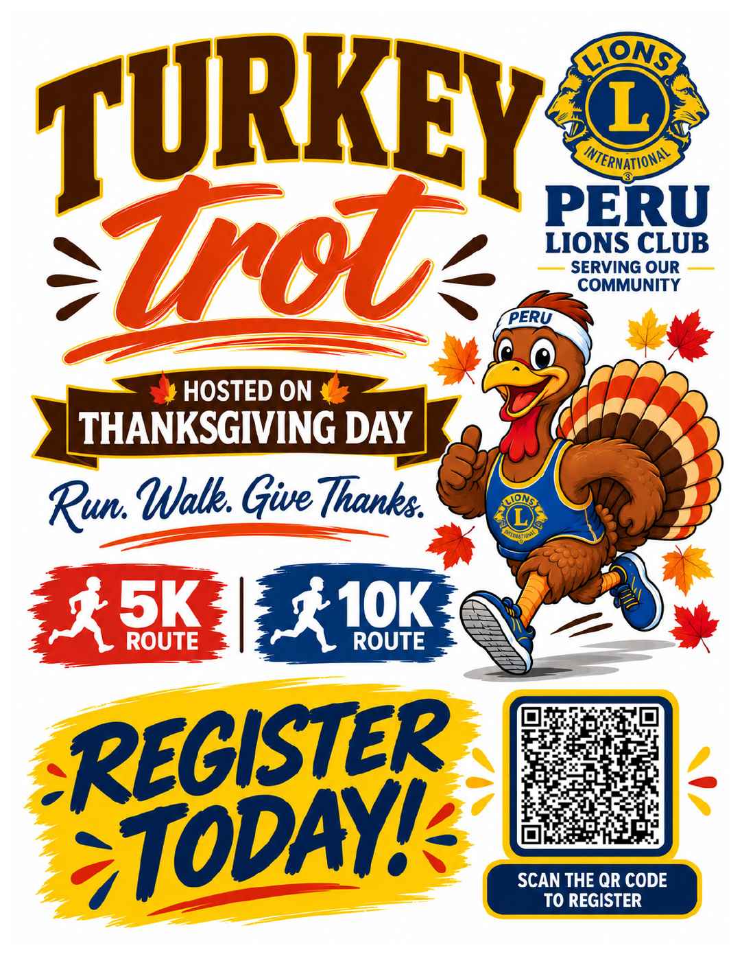 Peru Lions Club Turkey Trot flyer featuring Thanksgiving Day 5K and 10K routes and registration information