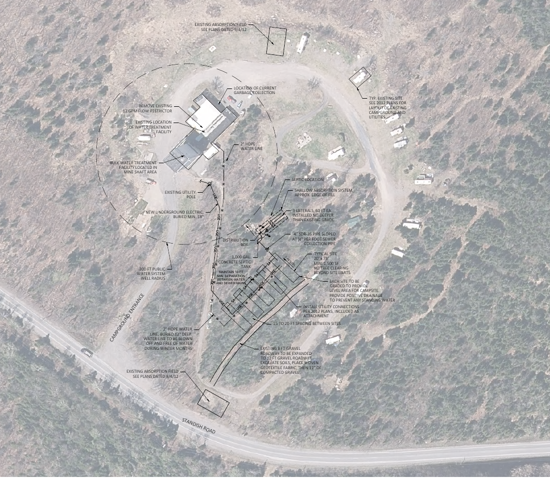 Iron City Campground expansion site plan showing campsite layout, access road, water distribution and septic system design in Lyon Mountain, New York