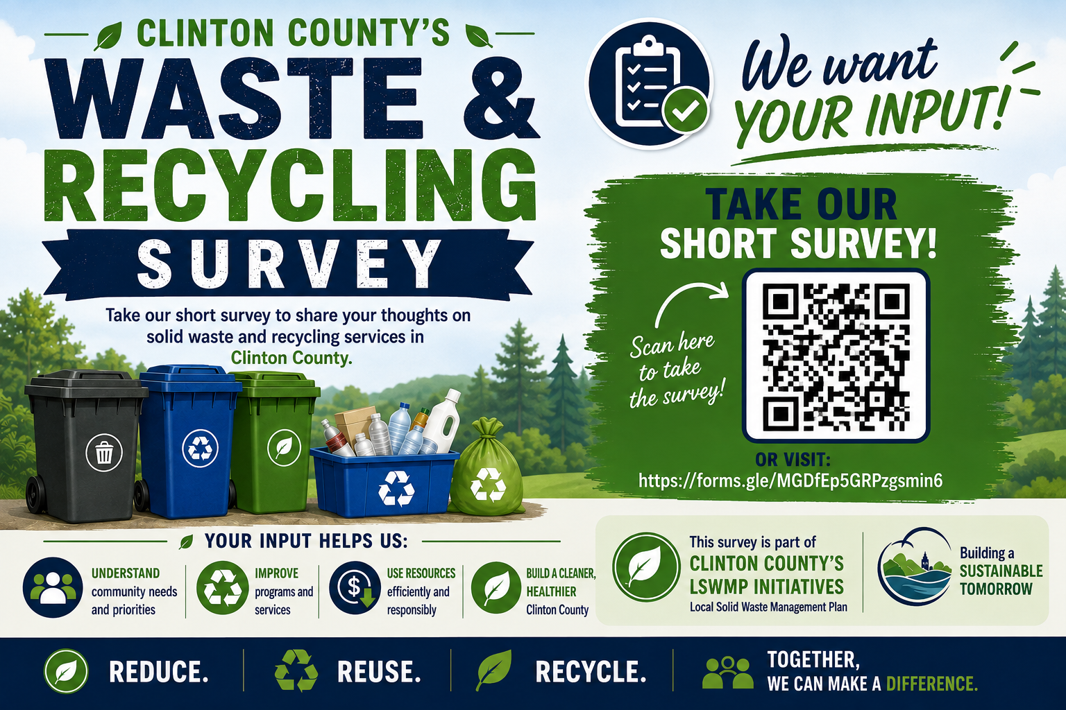 Clinton County waste and recycling survey postcard inviting community feedback with a QR code and survey link