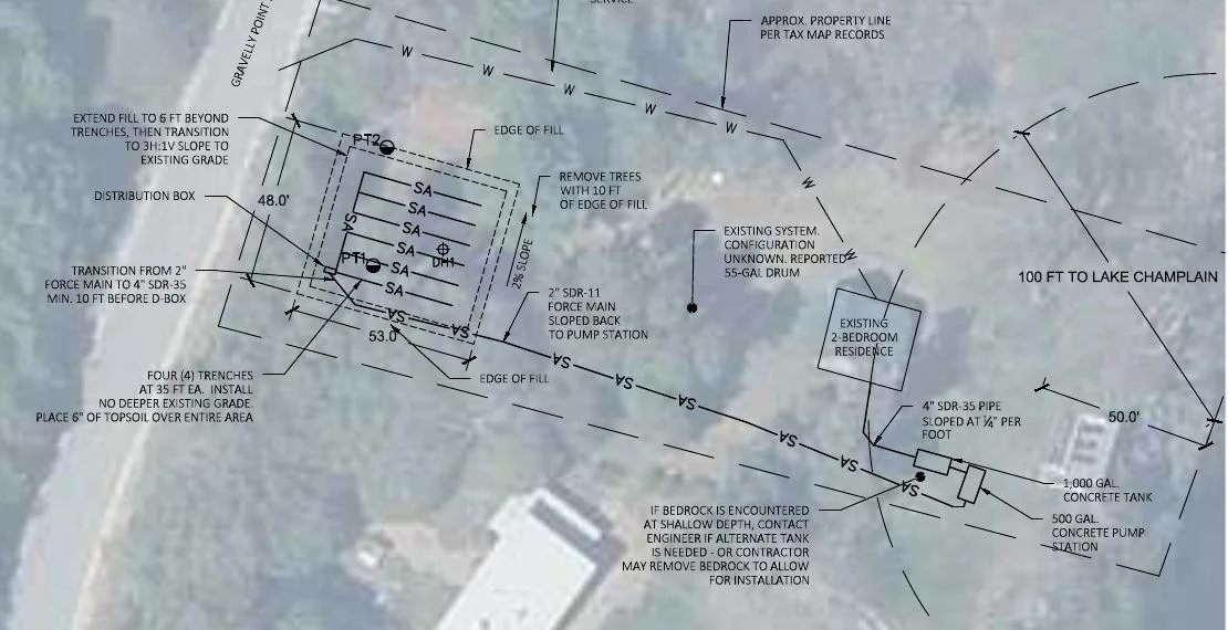 Residential replacement septic system site plan in Plattsburgh, New York, showing soil testing, septic tank, pump station and absorption system layout
