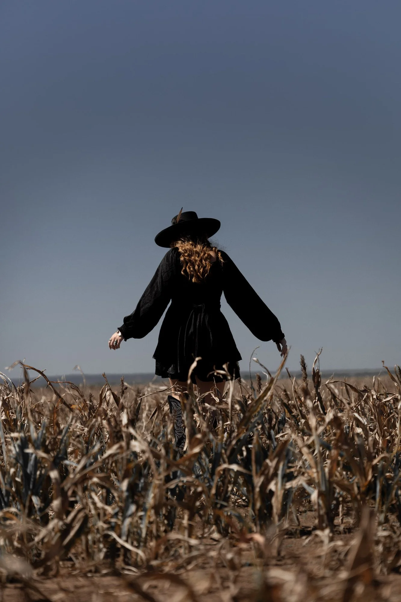 A person in a black dress, wide-brimmed hat, and boots with their back to the camera in a harvested field beneath a blue sky.
