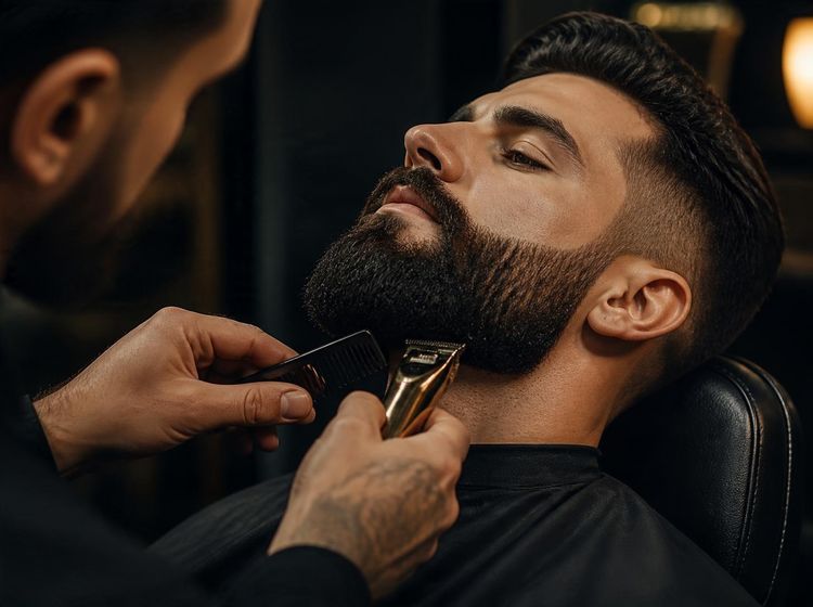 Barber trimming a beard