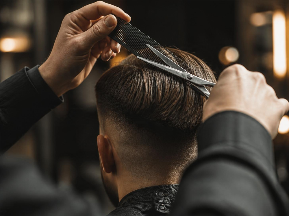 Barber cutting hair with scissors and comb for a precise finish