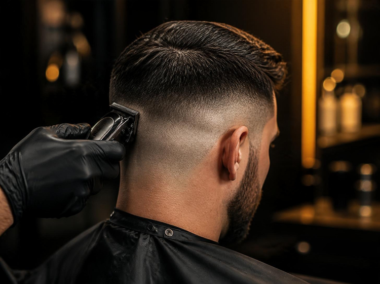 Barber fading the sides with clippers