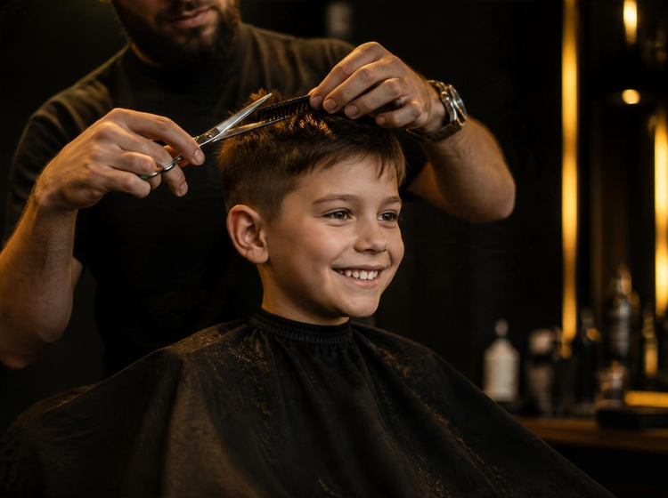 Smiling boy getting a haircut