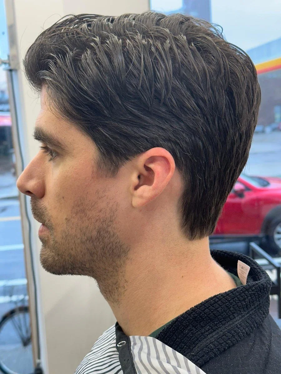 Clean side profile, swept back