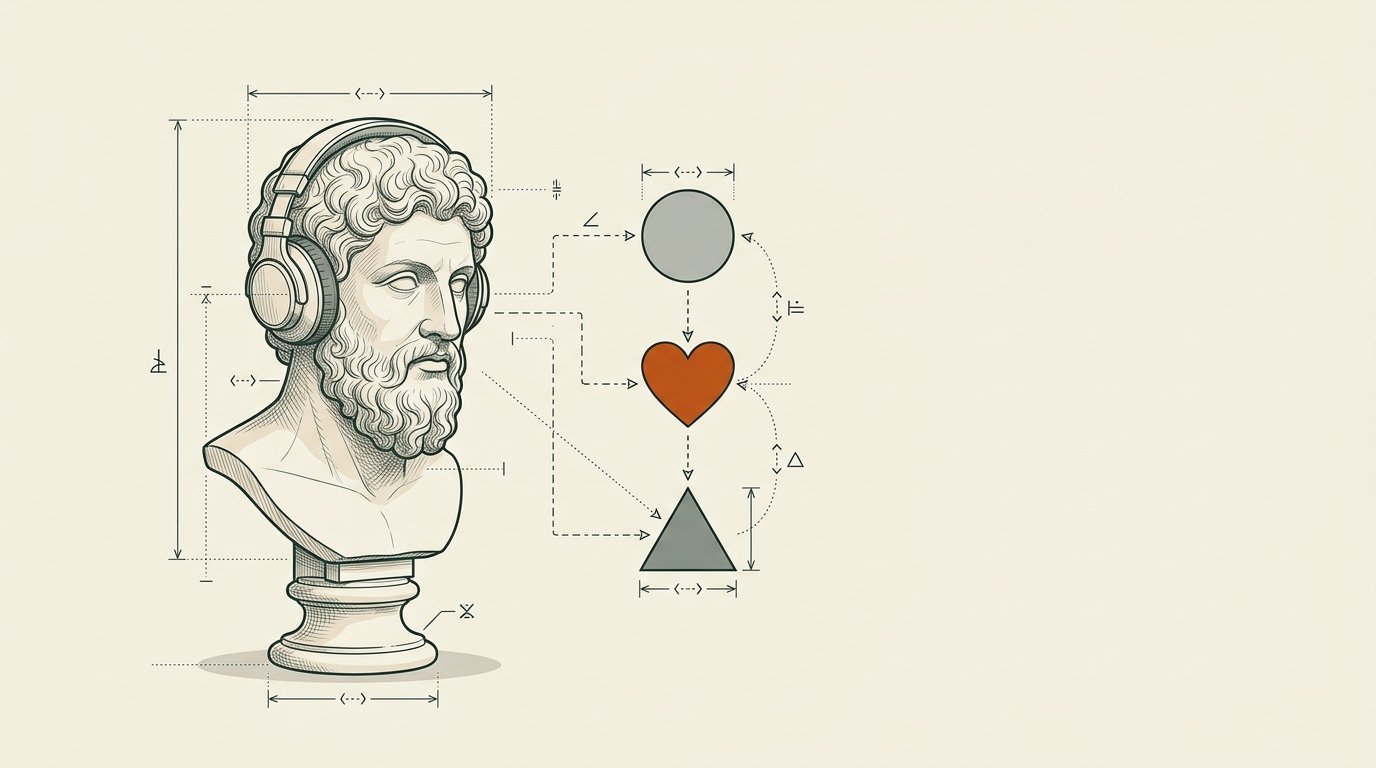 A Greek marble bust wearing modern headphones studies three floating shapes: a circle, a heart and a triangle.