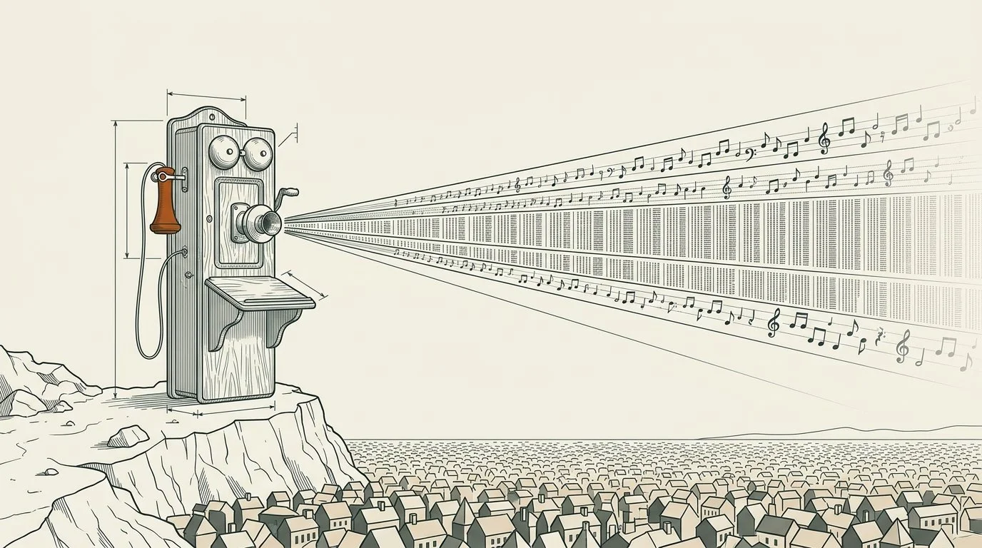 A tall vintage wall telephone shaped like a lighthouse beams lines of music notes across a sea of rooftops.