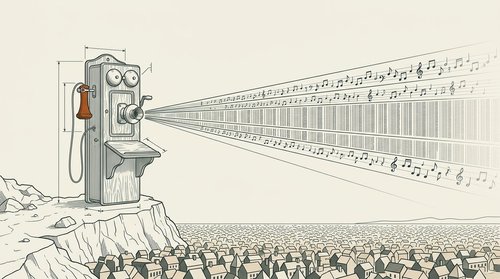 A tall vintage wall telephone shaped like a lighthouse beams lines of music notes across a sea of rooftops.