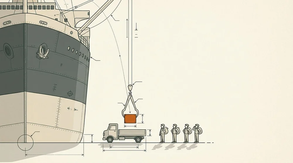 A crane lifts the box off a small toy truck like a sugar cube held by tongs, beside a giant ship.