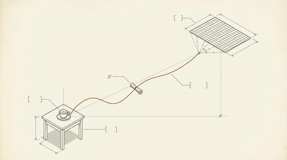 A teacup joined by one thin cable to a spreadsheet grid floating in the air like a kite.
