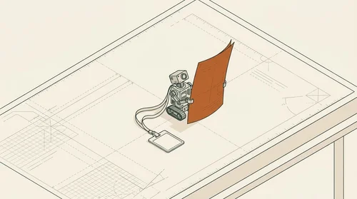A tiny robot wearing an oversized office lanyard sits at a huge empty desk, holding a sheet of paper larger than itself.