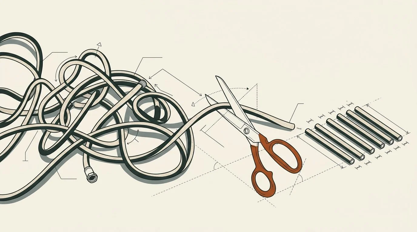 A long tangled garden hose being cut by large scissors into short neat lengths laid out in a row.