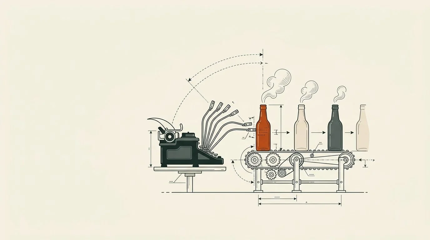 A vintage typewriter typing directly onto the side of a glass bottle moving along a conveyor belt.