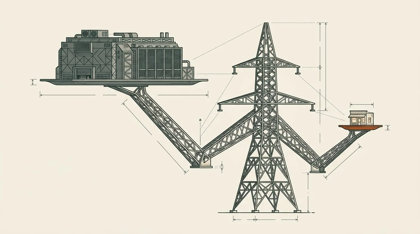 A power pylon holds two cables like a waiter holding plates: a huge platter with a data centre and a small saucer with a corner shop.