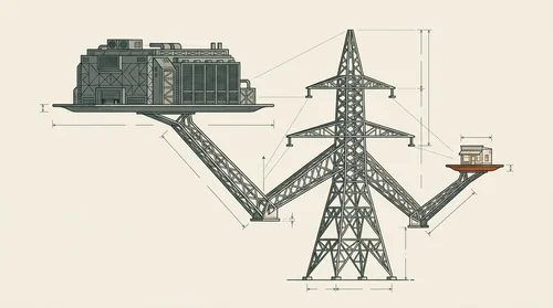 A power pylon holds two cables like a waiter holding plates: a huge platter with a data centre and a small saucer with a corner shop.