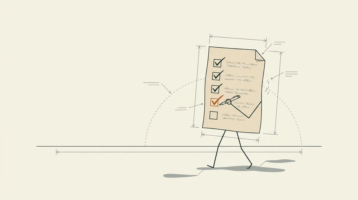 A paper checklist standing on two thin legs, holding a pen and ticking its own boxes.