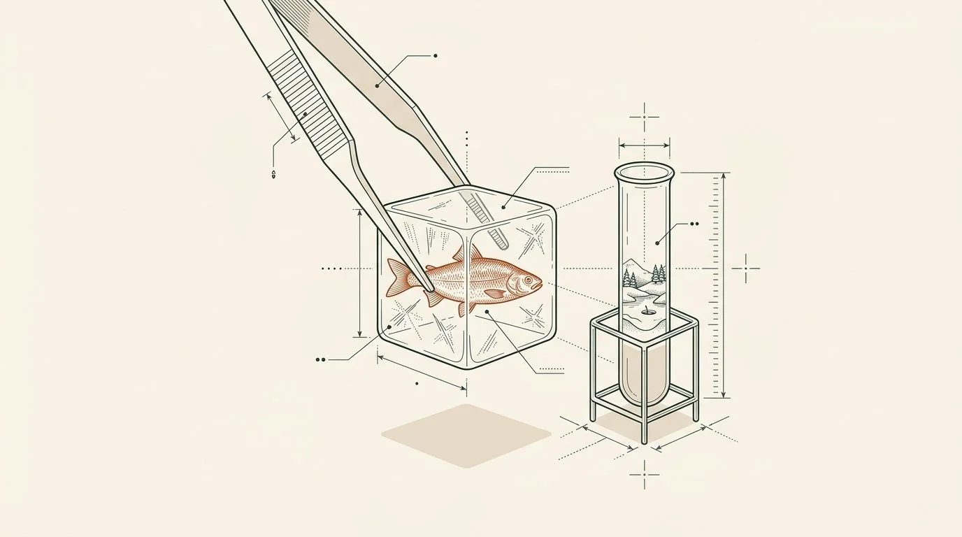 A fish frozen inside a perfect ice cube, held up by a pair of tweezers, beside a test tube holding a tiny snowy landscape.