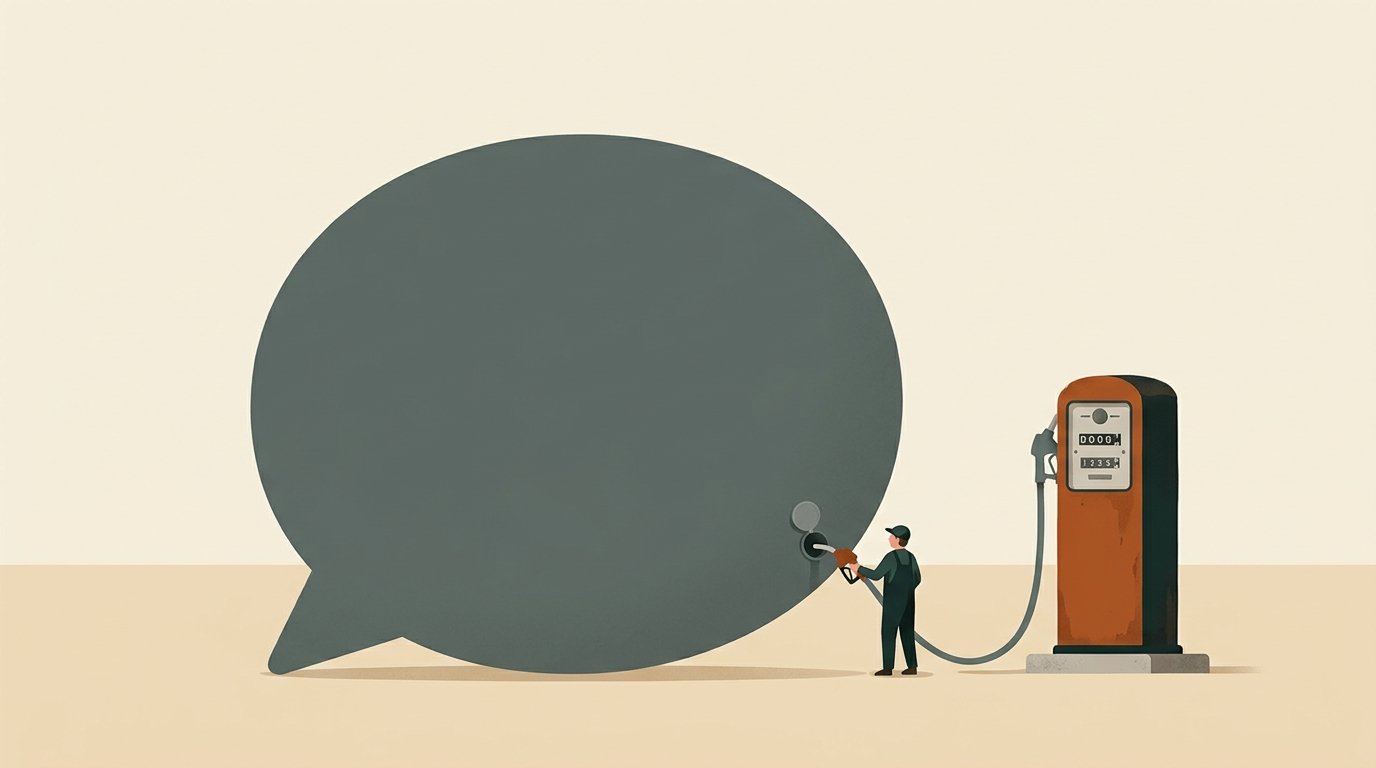 A tiny attendant fills a chat speech bubble with fuel at an old petrol pump while the price counter ticks upwards.