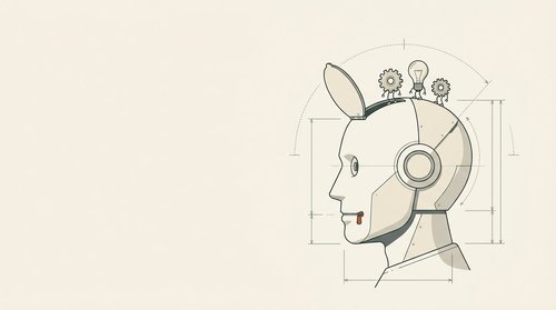 A robot head with a small hatch open on top, where a cog, a lightbulb and a gear wait in a neat queue to come out.