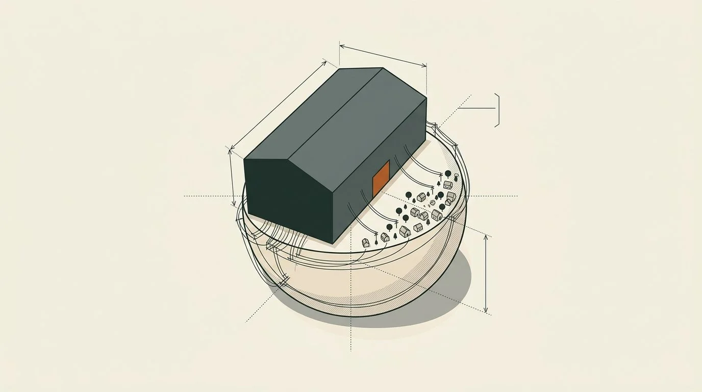A vast featureless shed sits on a tiny planet, so large that the town beside it looks like crumbs.