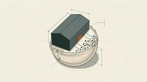 A vast featureless shed sits on a tiny planet, so large that the town beside it looks like crumbs.