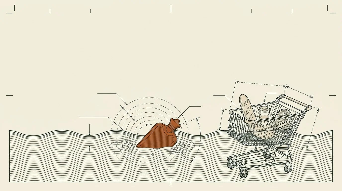 A hot water bottle floats on calm ocean waves, with a supermarket trolley drifting nearby holding bread, coffee and a steak.