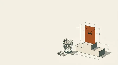 One envelope in a tiny bow tie stands on a podium beside a bin overflowing with glossy brochures.