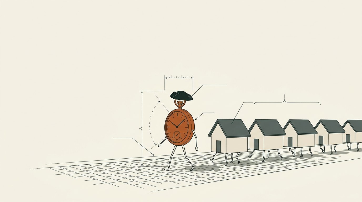 A pocket watch in a tricorn hat walks down a cobbled street, followed by a row of identical small houses copying its step.