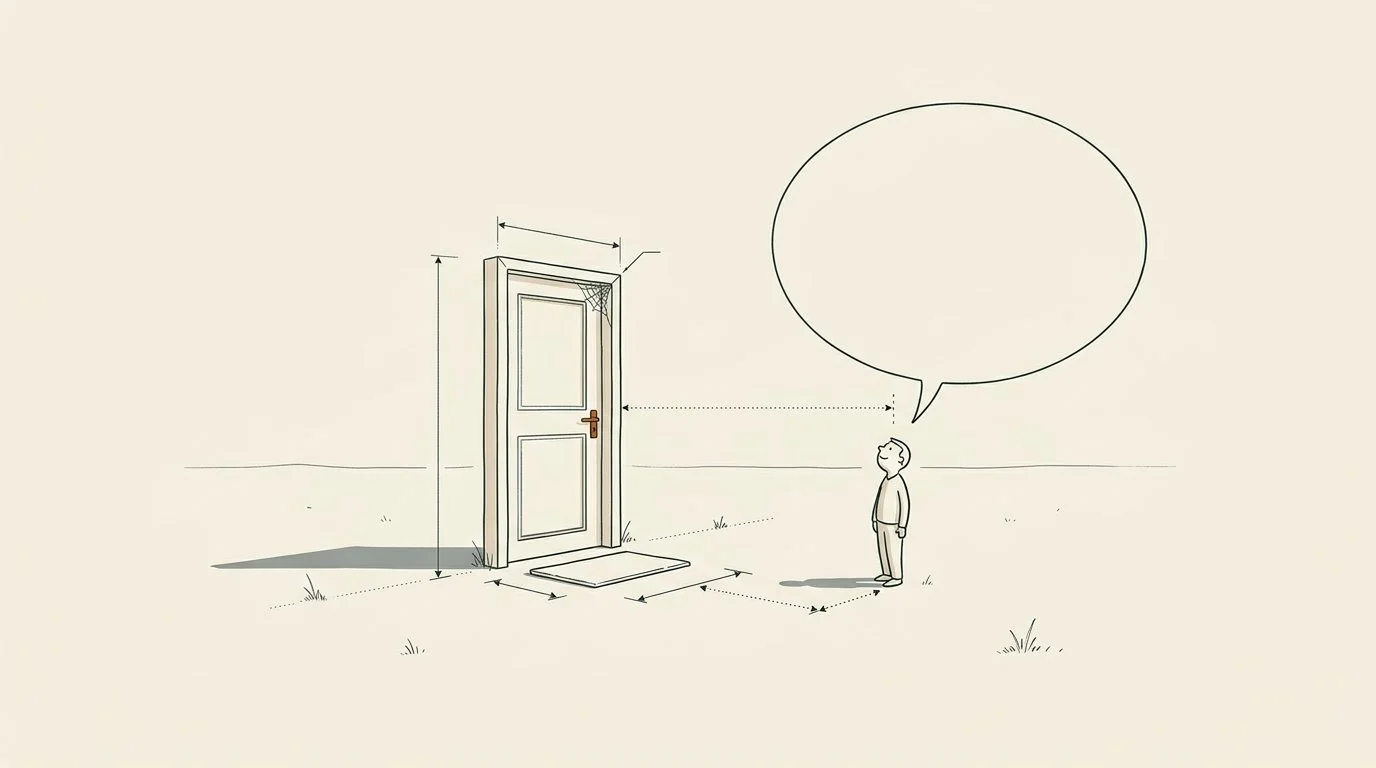A lone closed door stands in an empty field with cobwebs, while a speech bubble floats above a small figure nearby.