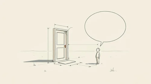 A lone closed door stands in an empty field with cobwebs, while a speech bubble floats above a small figure nearby.