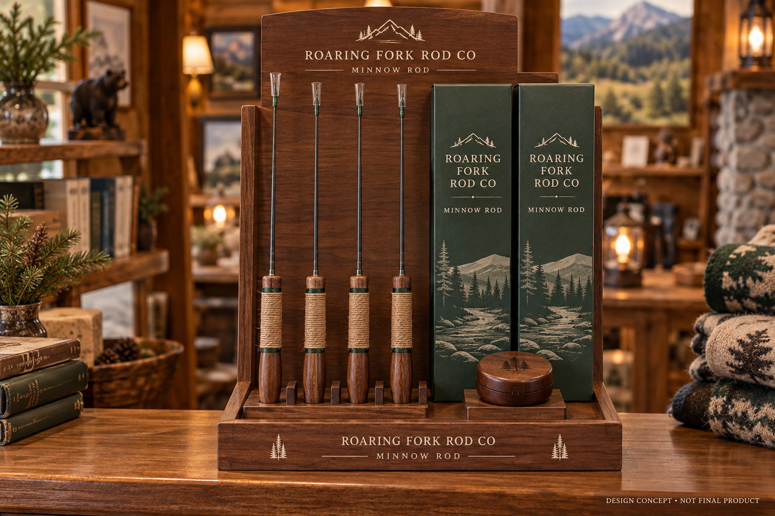 Aspirational Roaring Fork retail-display design concept with fishing rods and gift packaging.