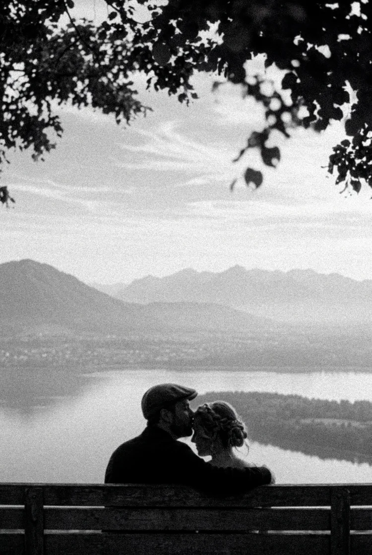 Seen from behind on a bench, a groom kisses his bride on the forehead above a misty lake and mountains
