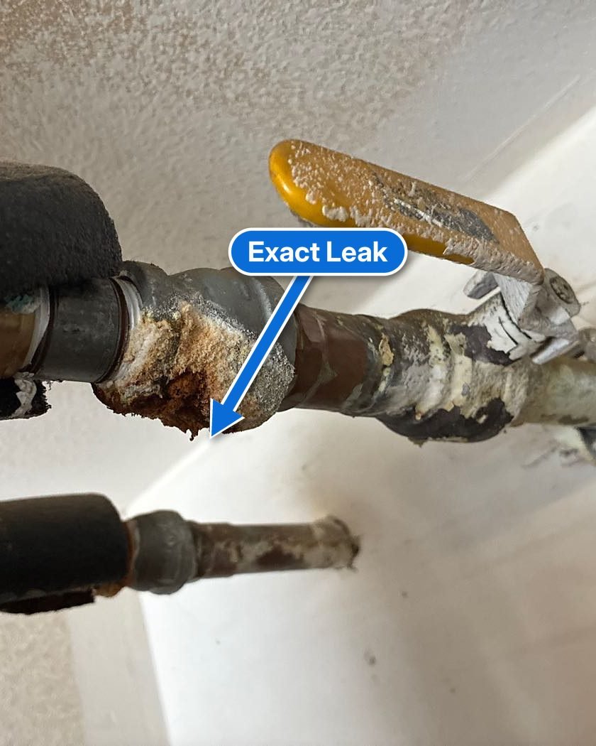 Crusted, leaking fitting next to a water heater ball valve