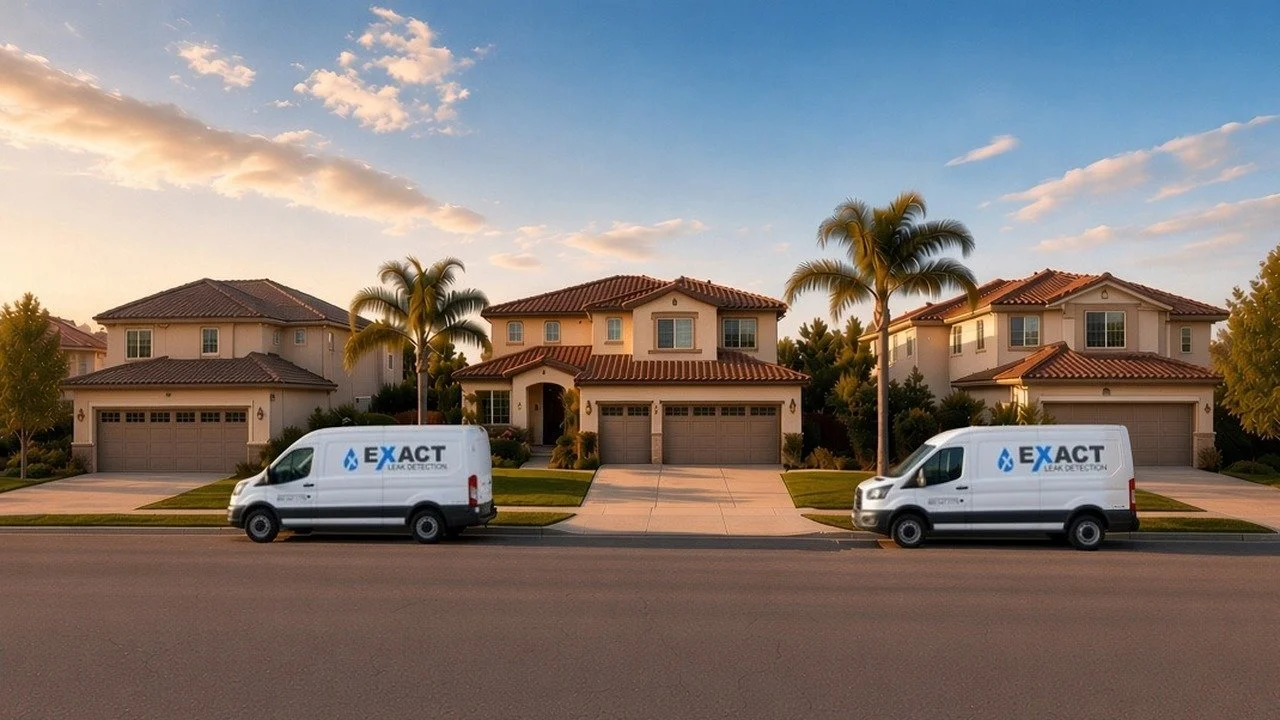 Two Exact Leak Detection service vans parked at the curb outside a Southern California home