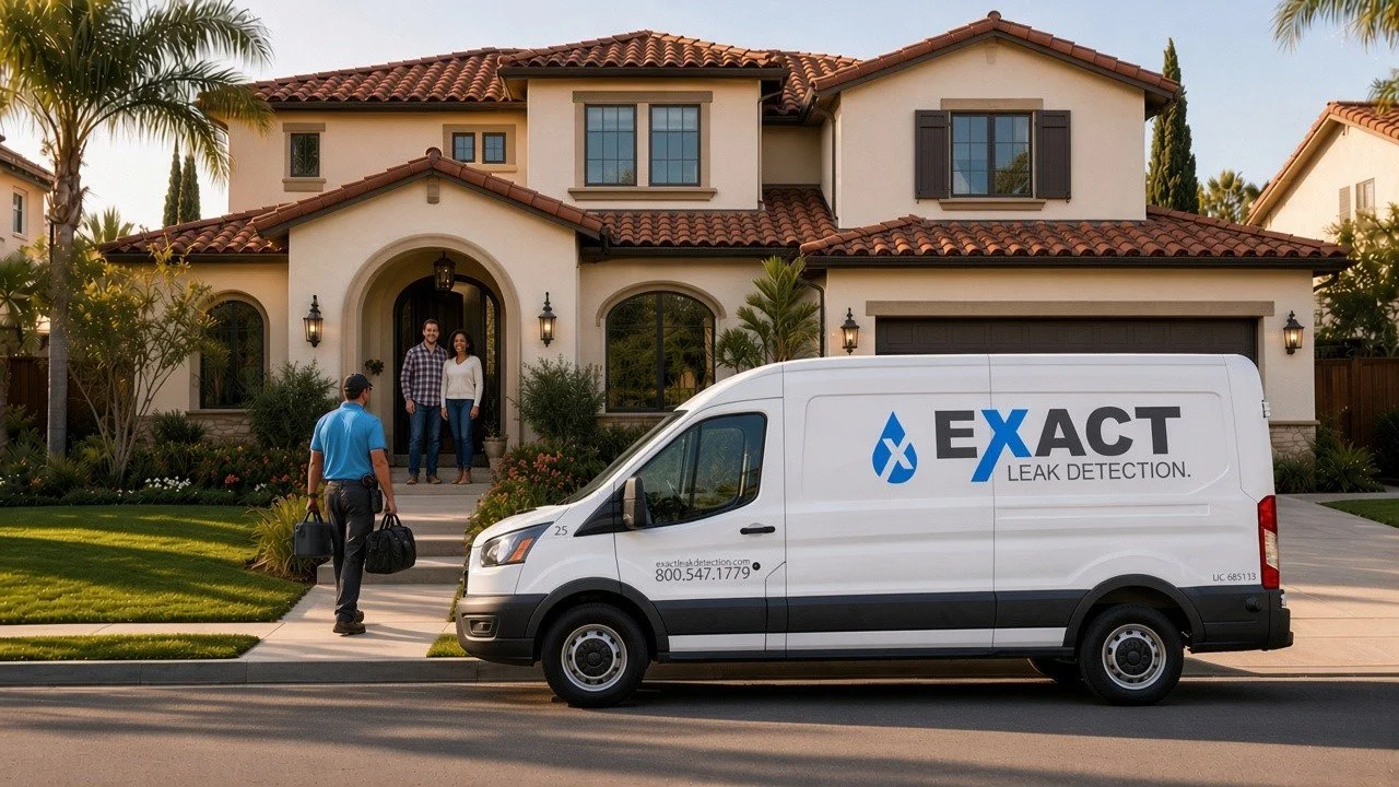 Exact Leak Detection technician walking up to a Southern California home from the Exact van as the homeowners welcome him at the front door