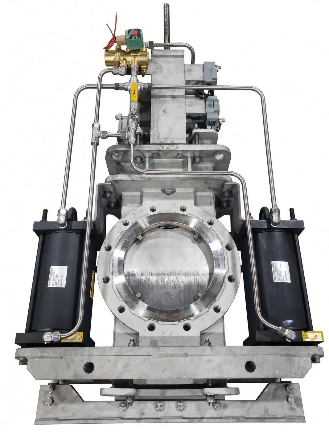Stainless knife gate with two pneumatic cylinders and solenoid controls