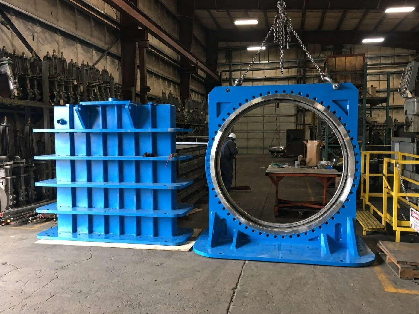 Fabricated knife gate body and bonnet on the shop floor