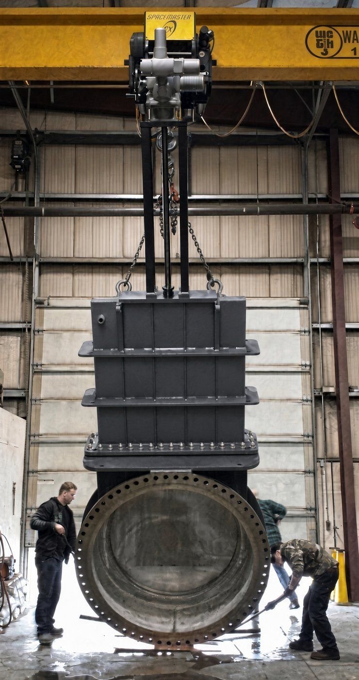 Knife gate valve being lifted in the shop with workers below