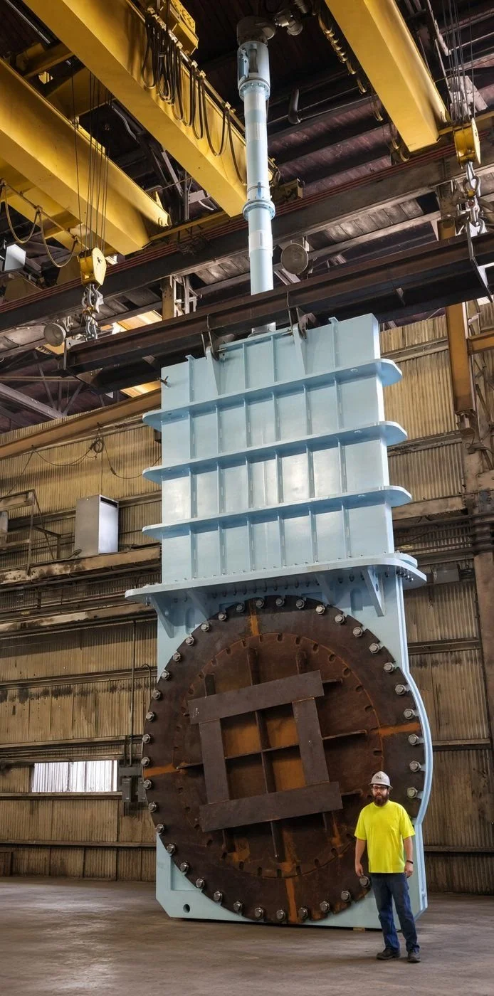 Large knife gate with blind flange hung from a shop crane beside a worker