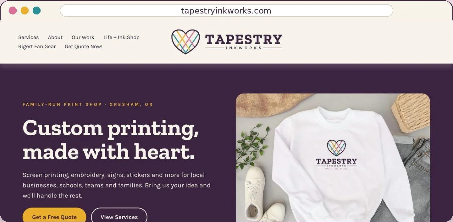 Tapestry Inkworks website homepage with the woven heart logo