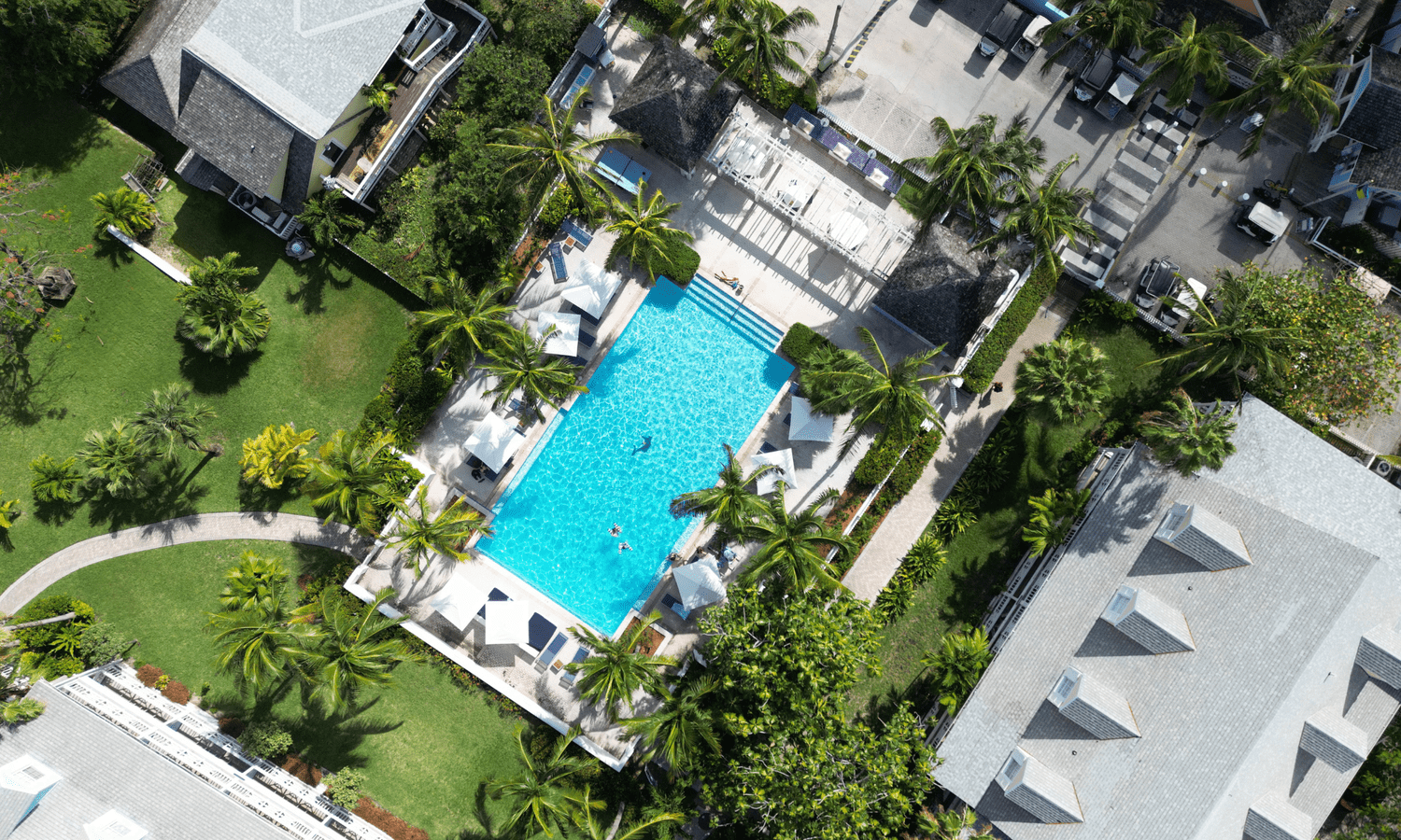 Aerial view of the pool at Valentines Resort