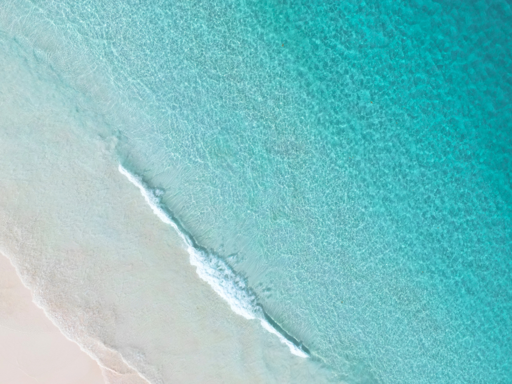 Aerial view of pink sand beach and turquoise water