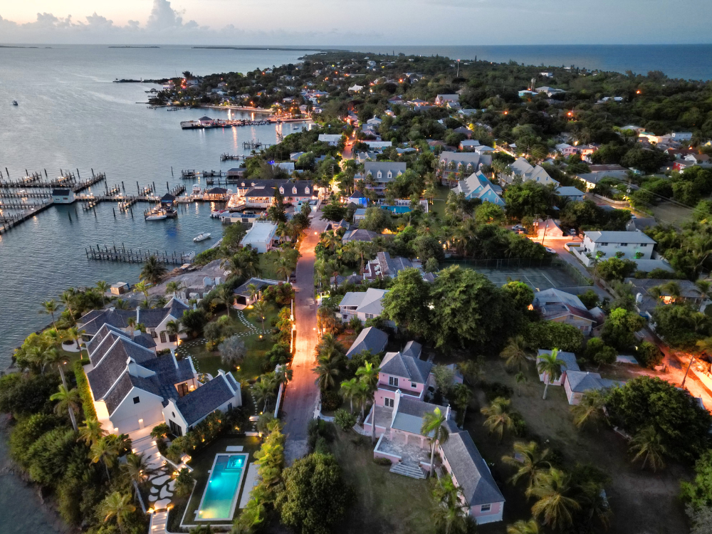 Aerial view of Harbour Island at dusk