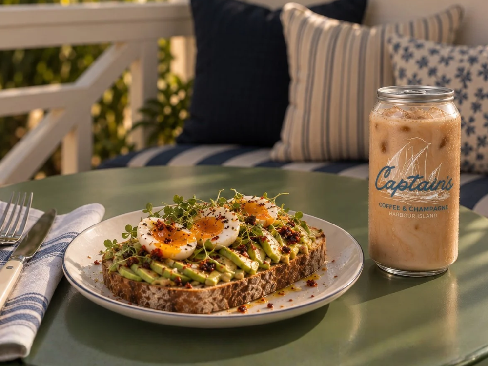 Avocado toast and iced coffee at Captain's Coffee & Champagne