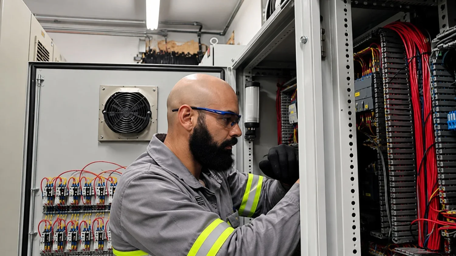 Profissional da RTN trabalhando em painel elétrico industrial